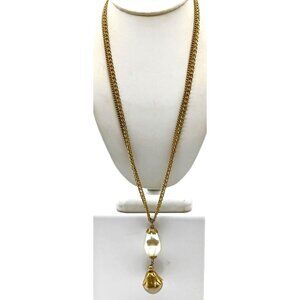 Vintage Baroque Faux Pearl Pendant on Gold Tone Chain Necklace, Bold Chunky Clas